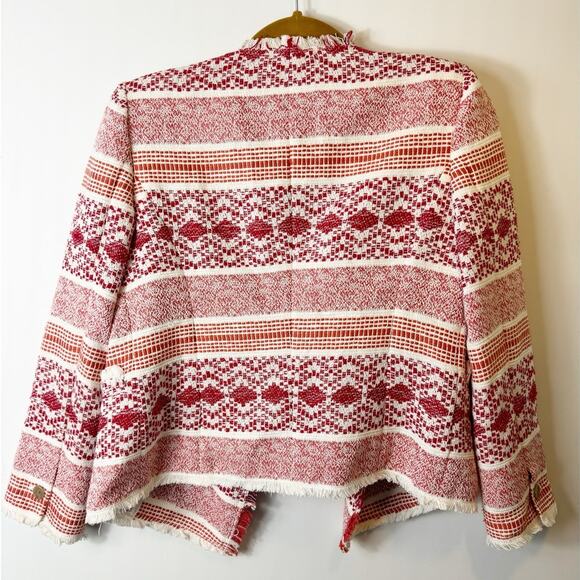Loft Womens Fringe Tweed Open Front Blazer Jacket Red White Patterned 2 - Picture 7 of 8